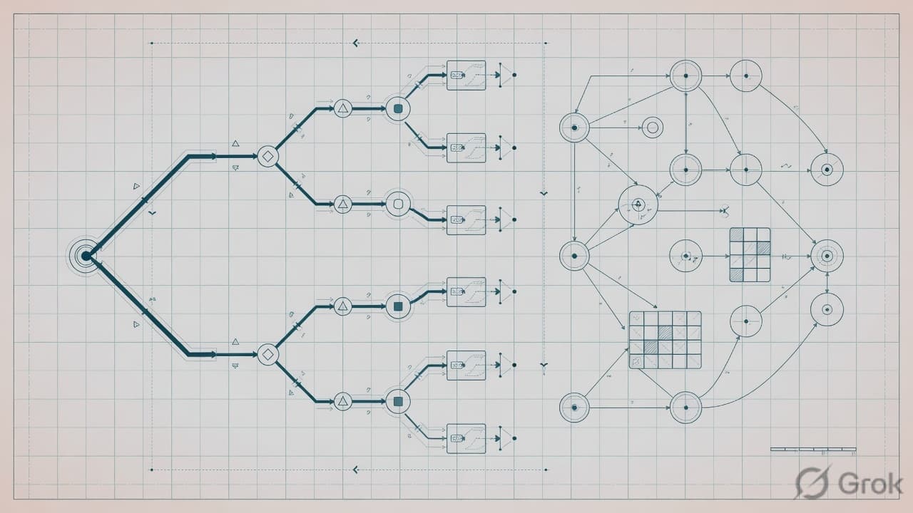Blueprint-style schematic of agent decision logic and node maps