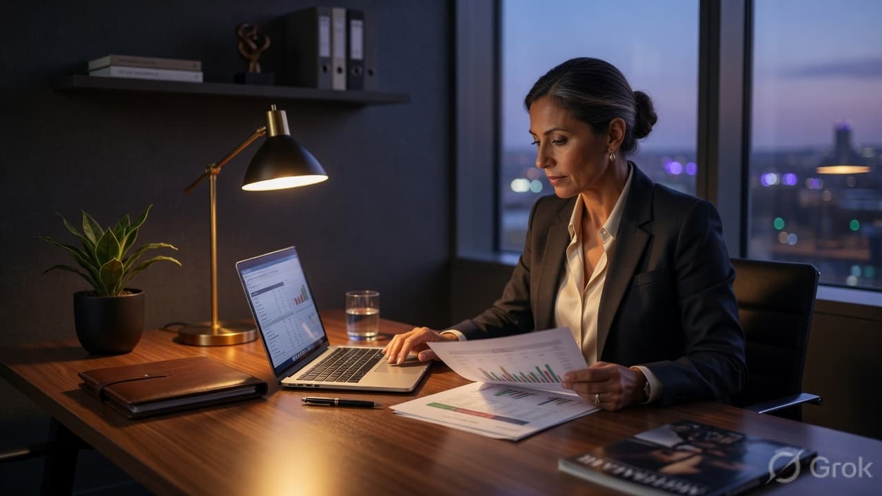Finance leader reviewing receivables and cash reports at dusk